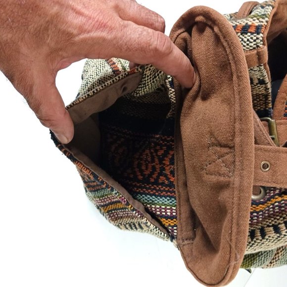 Catori Southwestern Drawstring Mini Backpack Bag Brown Blanket Canvas Tweed - Picture 11 of 15